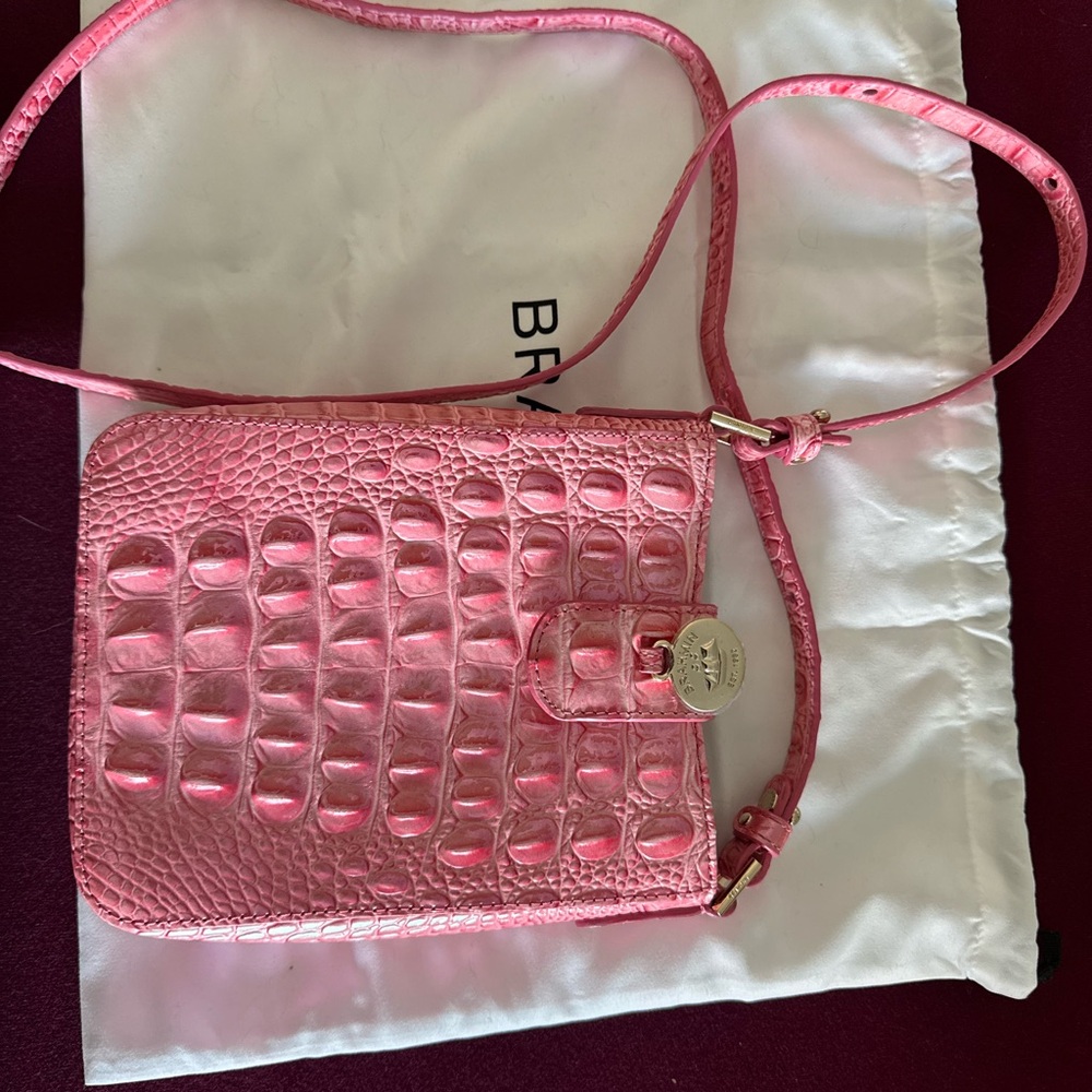 Pink Brahmin Crocodile Embossed Crossbody Bag